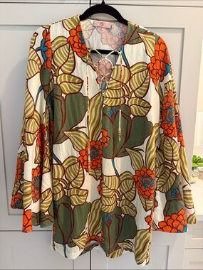 Traffic People Anthropologie Floral Lace-Up Dress or Tunic- Olive & Orange